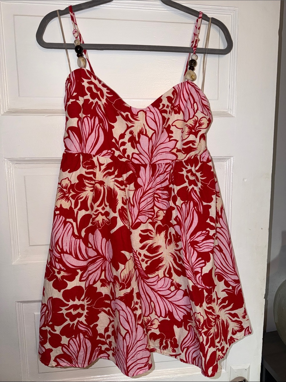 Abercrombie & Fitch Apron Neck Linen-Blend Romper Red & Pink Medium